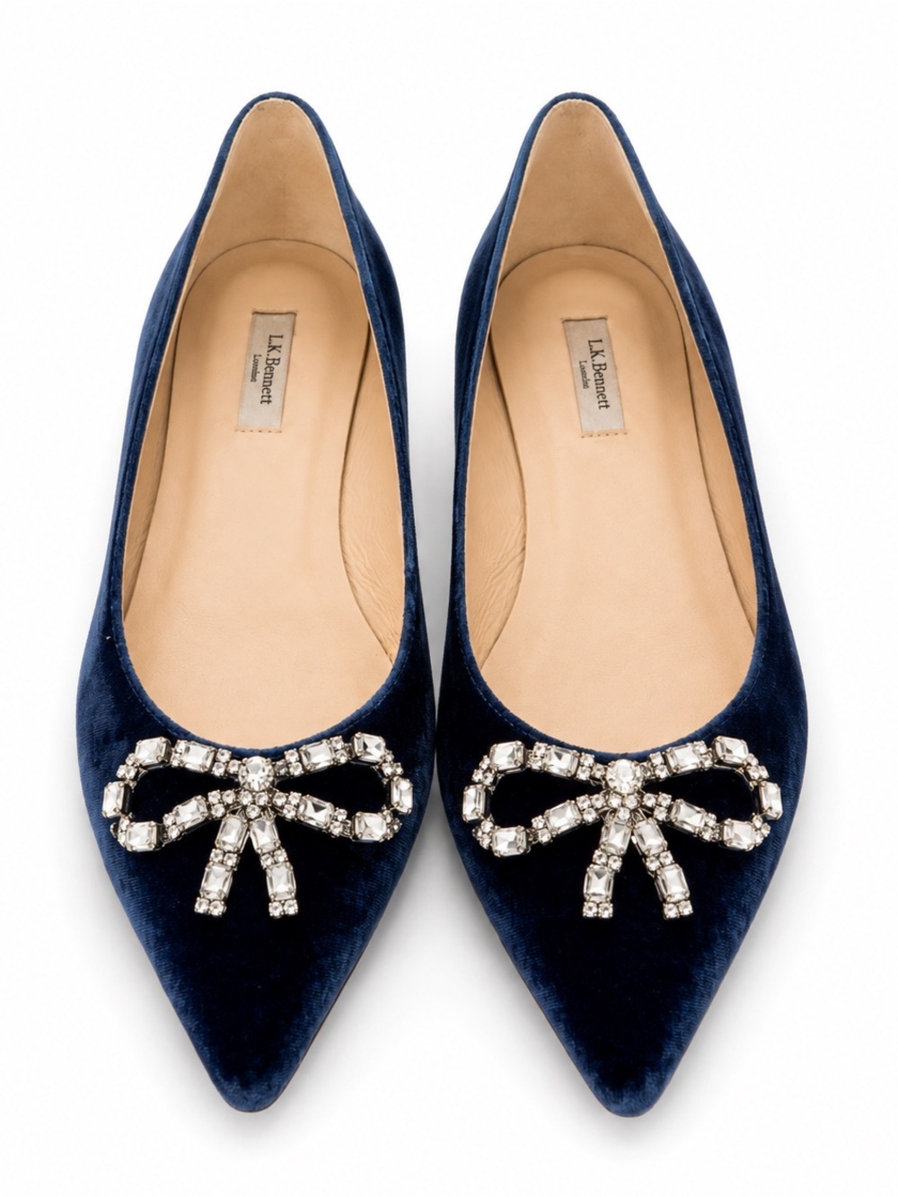 L.K. Bennett London Navy Blue Velvet Crystal Bow Pointed Toe Flats EU 42 - 10.5